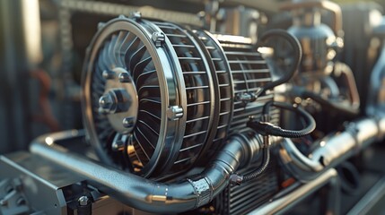 Fototapeta premium Close-up of a Shiny Metal Engine Fan and Parts