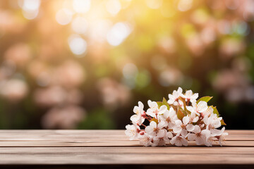 Spring blossom branch on wooden table. Bokeh background with selective focus and copy space