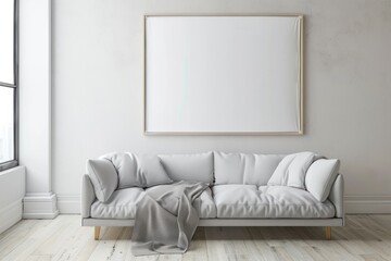 Minimalist living room with a white sofa and blank frame on the wall, modern interior design.
