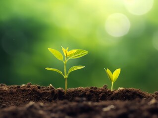 A young green plant emerges from fertile soil, reaching toward the sunlight in a lush natural environment full of vibrant life