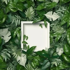 An artistic composition featuring a white frame surrounded by lush green leaves in a vibrant nature backdrop showcasing tranquility