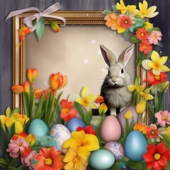 A charming Easter frame adorned with colorful flowers and vibrant eggs, featuring a playful bunny in a springtime setting