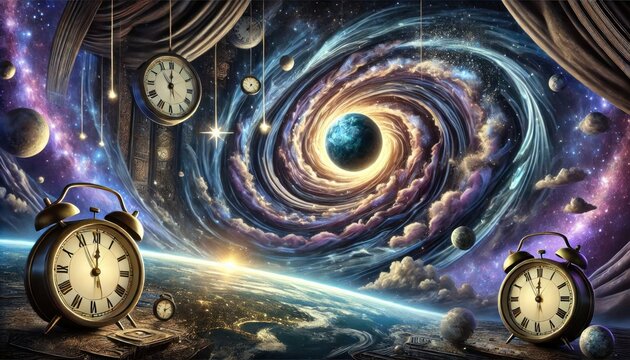 Surreal space-time with floating clocks and a mesmerizing cosmic spiral galaxy