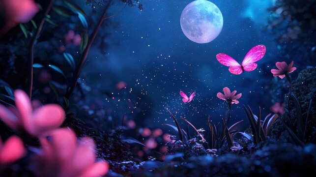 A group of mischievous pixies with shimmering wings flitting through a moonlit garden their laughter echoing through the air as they sprinkle magic dust on the flowers.