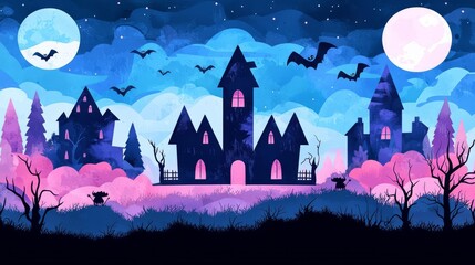Spooky haunted castle with bats flying under a full moon night sky, surrounded by eerie trees and bushes in a mystical landscape.