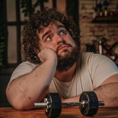 A contemplative moment for a lazy man with curls, pondering exercise while facing a dumbbell at home