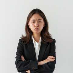 Young Asian woman stands with crossed arms, displaying disappointment and sadness in a minimalistic office setting against a white backdrop