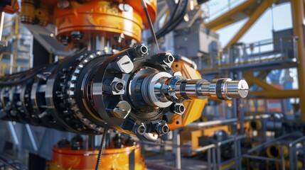 Fototapeta premium Close-up of an industrial drill bit with a blurred background of machinery.