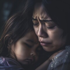 A grieving mother holds her child tightly, confronting sorrow and loss during a difficult moment of family hardship and separation