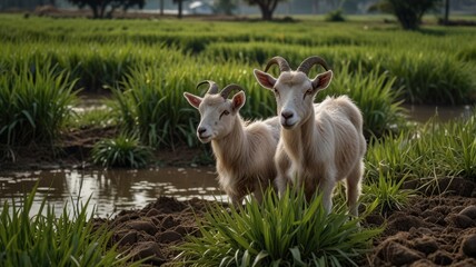 Fototapeta premium Two white goats standing in a green field near a pond.