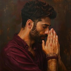 A focused Middle Eastern man in maroon shirt deep in thought, hands pressed together in a moment of silent prayer or reflection