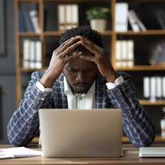 Frustrated businessman overwhelmed by failure and stress while working late in a modern office environment