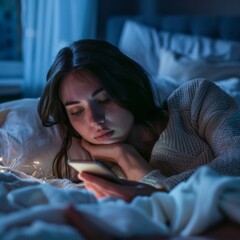 Sad woman in bed at night scrolling through smartphone after breakup, struggling with insomnia and following ex-boyfriend on social media
