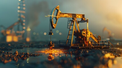 Oil Pump Jack Extracting Crude Oil at Dusk