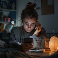 Worried teenage girl sitting at her desk in a dimly lit bedroom, anxiously checking her mobile phone at night