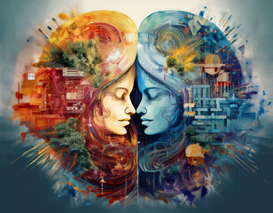 Human face profile demonstrating cognitive psychology or psychotherapy concept, mental health, brain problem, and bipolar personality disorder