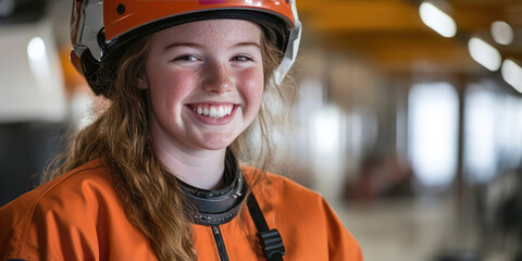 A young smiling female astronaut prepares for a space flight in a spacesuit