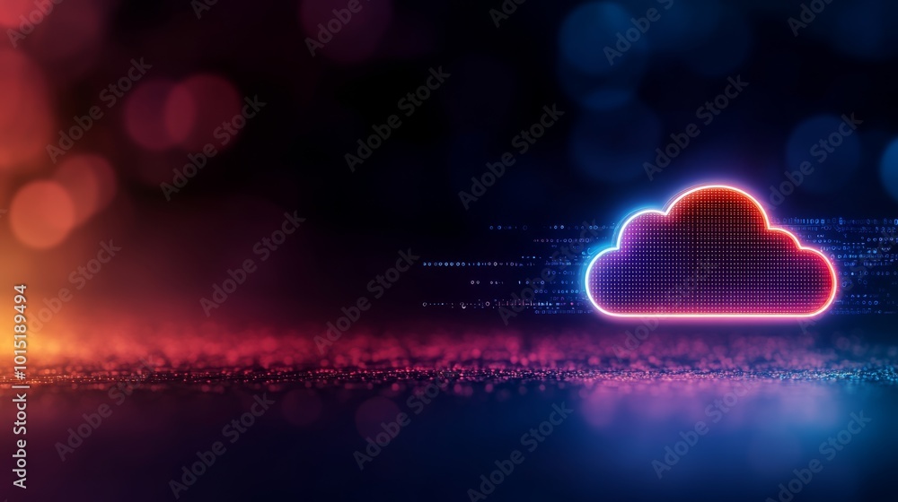Poster A glowing cloud icon emits red and blue lines, surrounded by floating digital particles and embedded binary codes, symbolizing cloud computing and futuristic technology