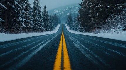 A long, straight road through a snowy forest with two yellow lines dividing the lanes.