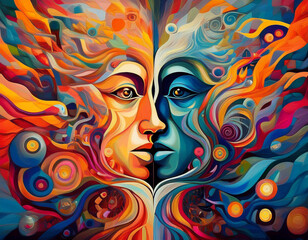 Human face profile demonstrating cognitive psychology or psychotherapy concept, mental health, brain problem, and bipolar personality disorder