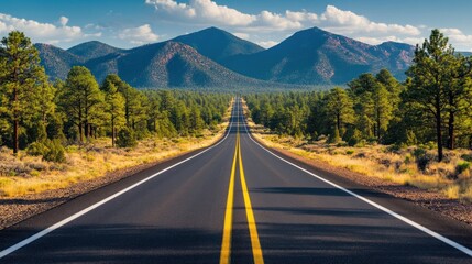 Fototapeta premium A long, straight road leading towards distant mountains, surrounded by pine trees and a blue sky.