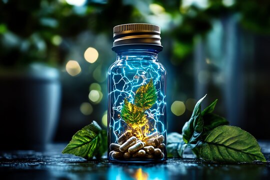 Magical elixir bottle glowing with ethereal light, representing a powerful health supplement made from mystical ingredients