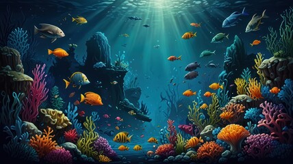 realistic illustration of underwater life filled with sea creatures