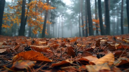 Fallen Autumn Leaves in a Foggy Forest