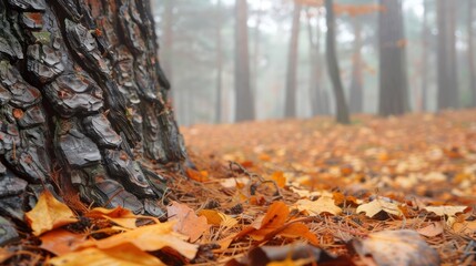 Obraz premium Close-up of Tree Bark and Fallen Autumn Leaves in a Foggy Forest