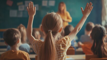 Fototapeta premium Brightly lit classroom filled with eager students as one girl raises her hand, excited to participate in the lively discussion led by her teacher