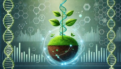 Futuristic plant biotechnology with DNA integration and cutting-edge scientific data visualizations