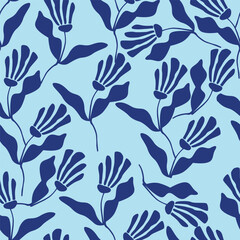 blue seamless vector stock flowers with leaves pattern on cream background