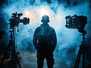 Fototapeta premium Filmmaker Silhouette in Blue Mist 
