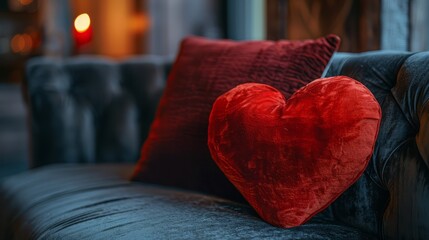 A beautifully arranged space where a vibrant heart-shaped cushion rests on a luxurious velvet sofa, illuminated by soft, romantic candlelight