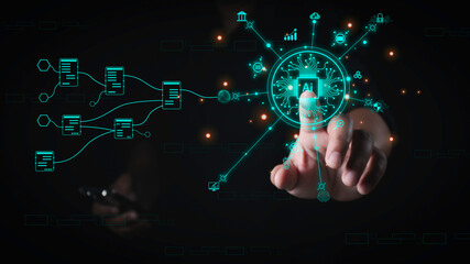 AI Technology. Businessman touch brain working data and Algorithm of Artificial Intelligence in the...
