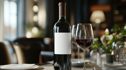 A mockup of an elegant wine bottle with a blank label, placed on a dining table, ideal for winery promotions
