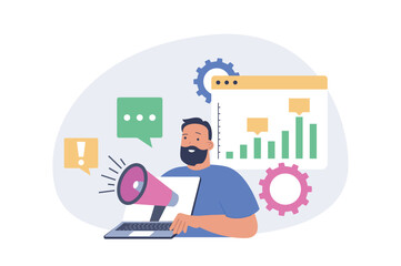 Marketing and development concept in modern flat design for web. Man with megaphone making advertising and online promotion, analyzing project statistic, makes optimization. Vector illustration.