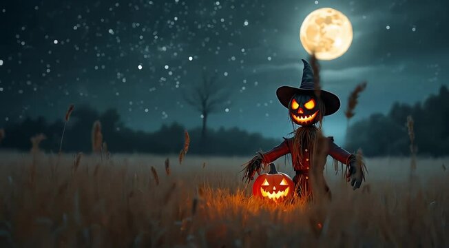 Scarecrow standing in front of a full moon, in a halloween pumpkin patch background, in a spooky night scene	
