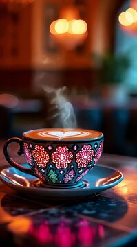 ntricate cup of coffee, iridescent and opalescent, zellige tile design, neon colors-Ai generator	