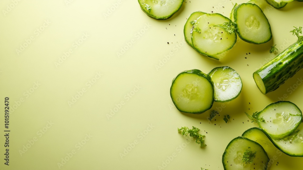 Poster an artistic composition features a variety of pickled cucumbers, sliced into different shapes, neatl