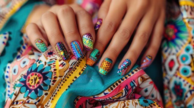 Close-up of a hand with colorful patterned nails, resting on a vibrant patterned fabric - Powered by Adobe