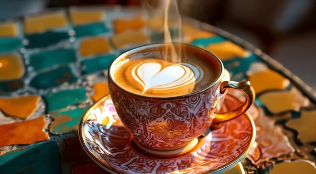 ntricate cup of coffee, iridescent and opalescent, zellige tile design, neon colors-Ai generator	