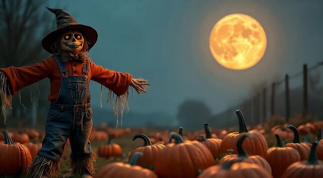 Scarecrow standing in front of a full moon, in a halloween pumpkin patch background, in a spooky night scene	