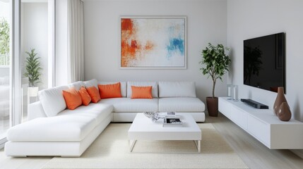 A spacious, modern living room features a sleek sectional sofa adorned with vibrant orange cushions