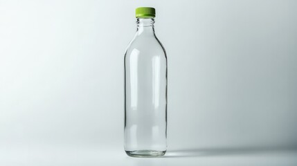 Fototapeta premium Clear Glass Bottle with Green Lid: A tall, clear glass bottle with a green lid, standing upright on a white background. It's simple, elegant, and ready to be filled with your product.