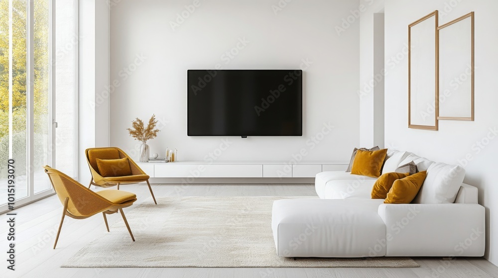 Aufkleber a spacious living room showcases a sleek white sofa and an accent chair with vibrant cushions, compl