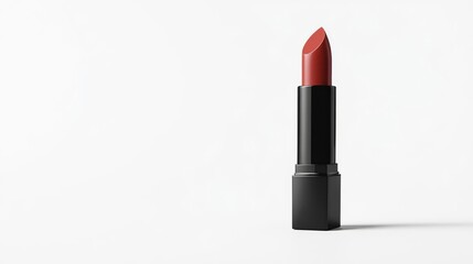 Fototapeta premium Close-up of classic red lipstick with black casing on a minimalist white background, perfect for beauty and cosmetics themes.