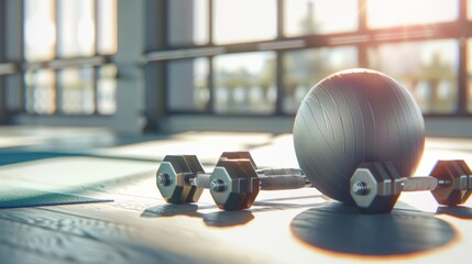 Dumbbells and Exercise Ball Resting on a Wooden Surface