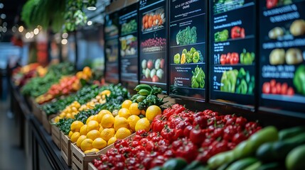 Fresh Produce Display in Grocery Store with Digital Price Tags