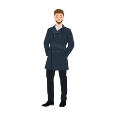Young businessman wearing coat with hands inside pocket. Flat vector illustration isolated on white background